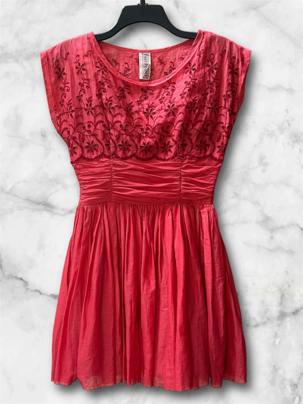 Free People Rose Garden Floral Eyelet Embroidered Red Poppy Dress Size 2 Boho - Picture 2 of 14